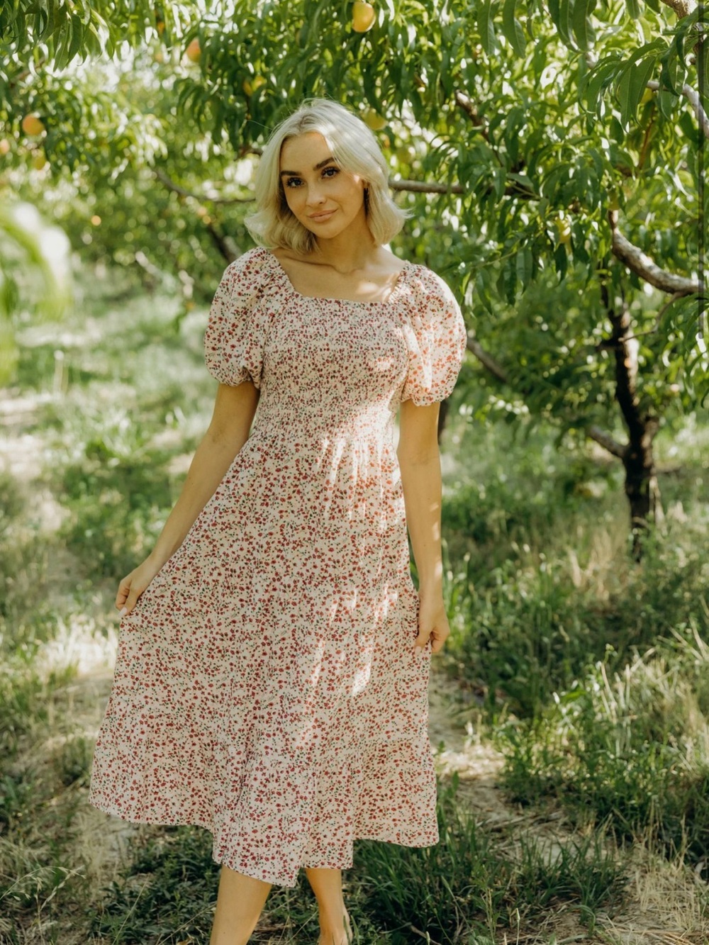 Floral Puff-Sleeve Dress in Cream and Pink